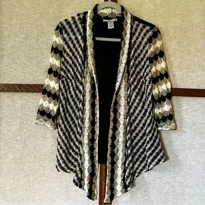 Mona Leah Couture Black, White and Metallic Gold Crochet Cardigan - Med